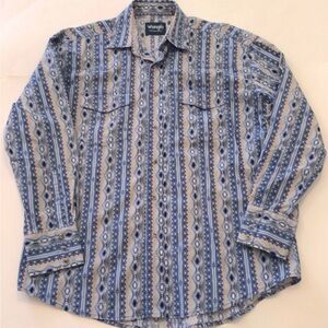 Wrangler Mens Large Pearl Snap Western Aztec Cowboy Checotah Shirt Blues Tan LS